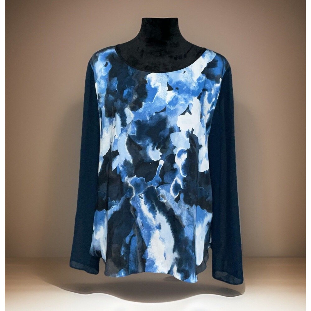 DKNYC  Women Sheer Chiffon Long Sleeves Blouse Blue Lake Color Size XL